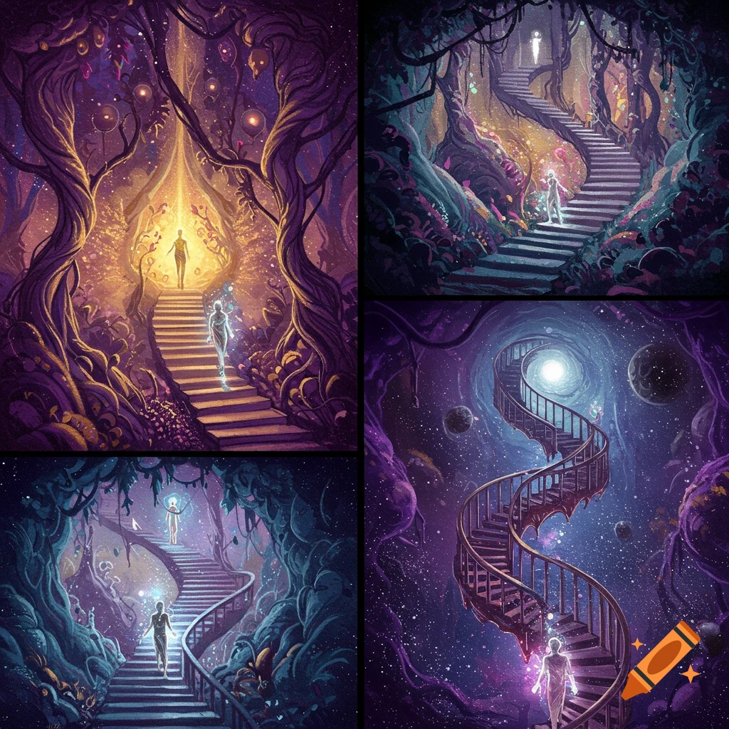 Grid of four fantasy illustrations showing figures on stairs in mystical and cosmic environments in a painterly style.