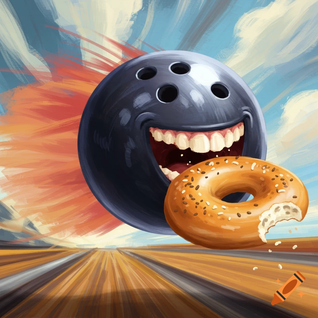 Cartoon bowling ball with a face flies over a lane eating a bagel, painterly style