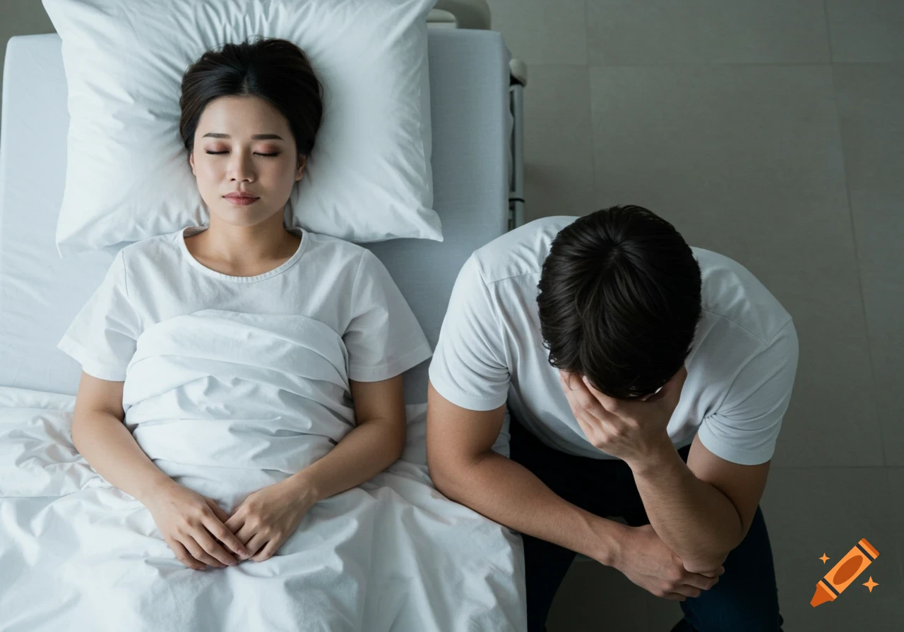 Overhead view of a woman in a hospital bed and a man sitting next to her with his head in his hands.