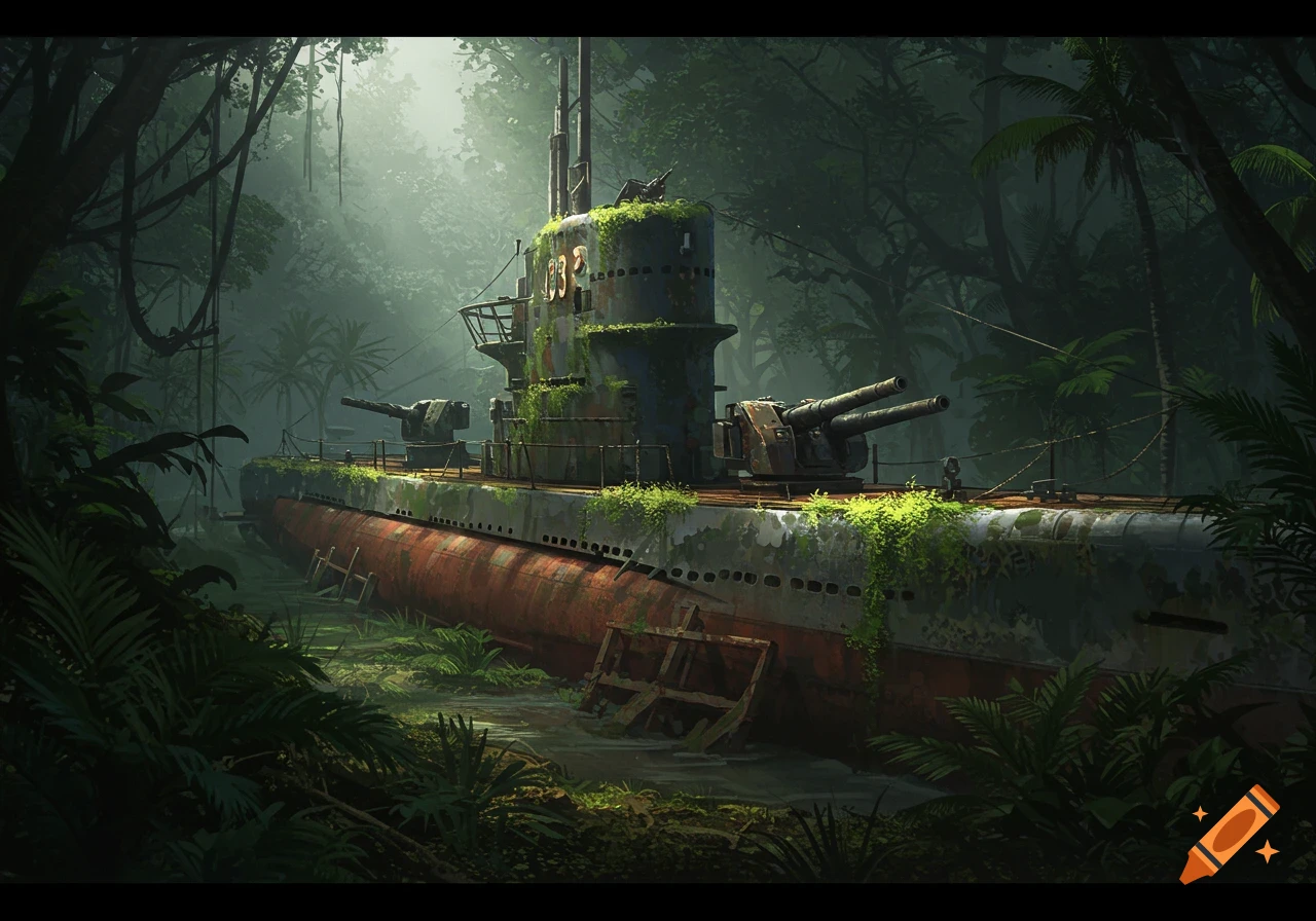 Decaying World War 2 Japanese submarine abandoned in a dense, misty jungle.