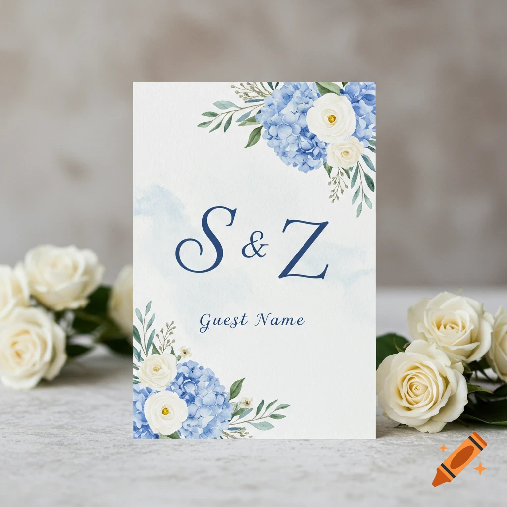 Wedding seating card with initials S & Z, text "Guest Name", and watercolor blue hydrangeas and white roses.