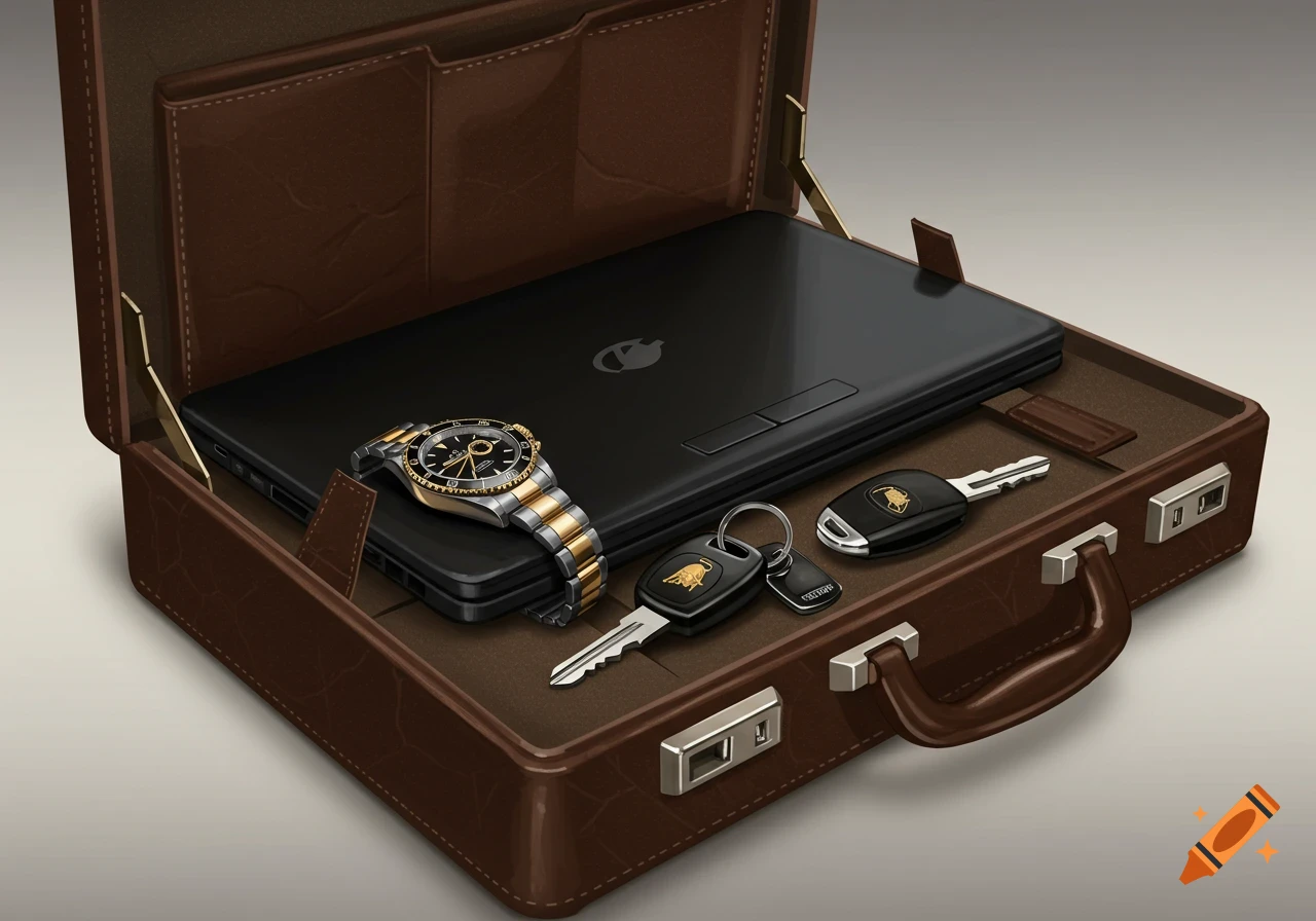 An open brown briefcase containing a black laptop, a two-tone watch, and Lamborghini car keys.