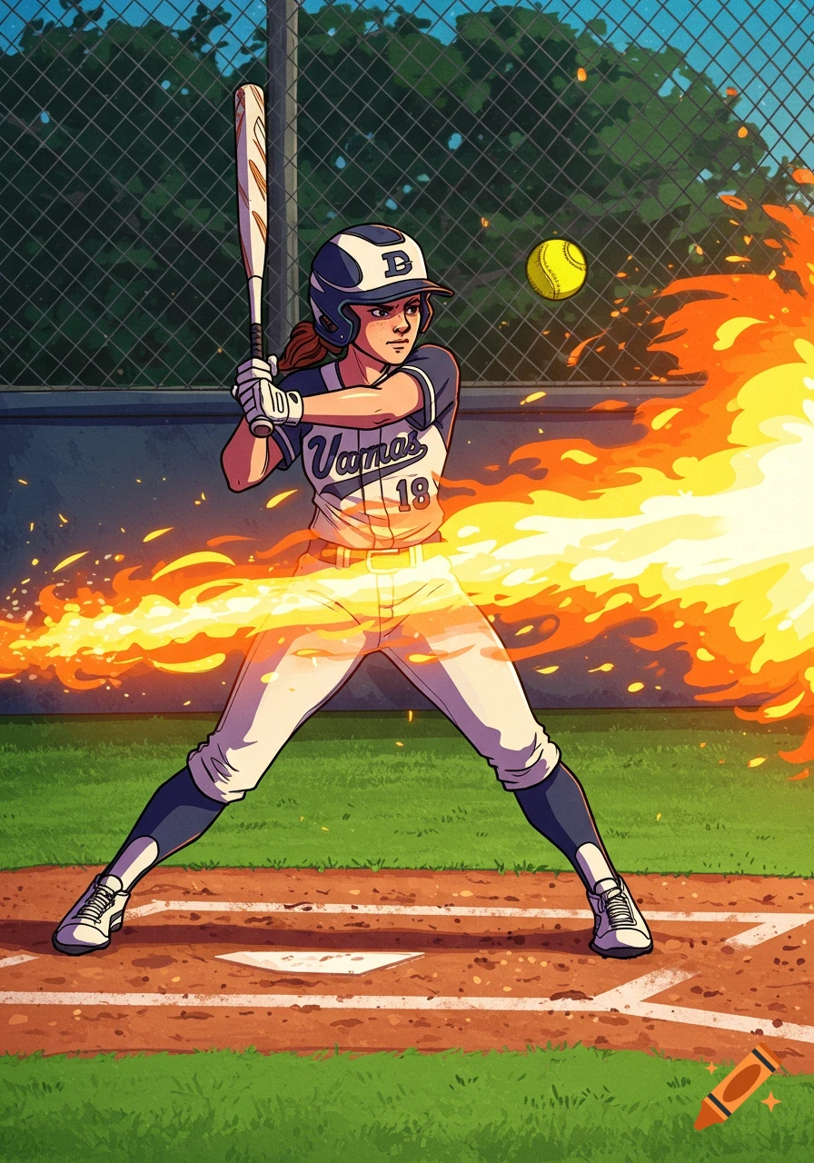 Illustration of a softball player hitting, with fire blasting from the bat.