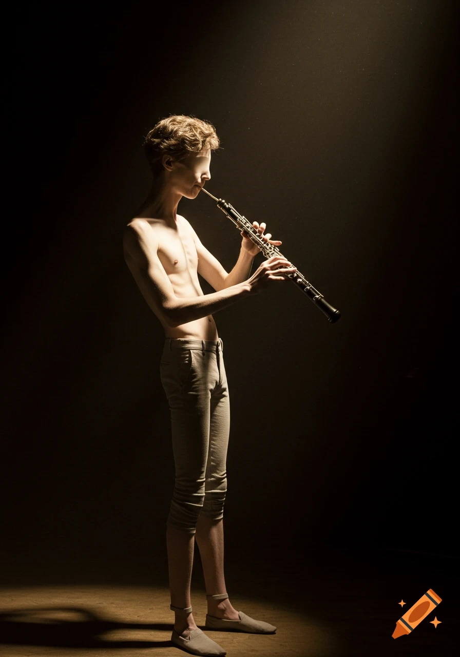 A skinny shirtless man with a blank face plays an oboe in dramatic lighting.