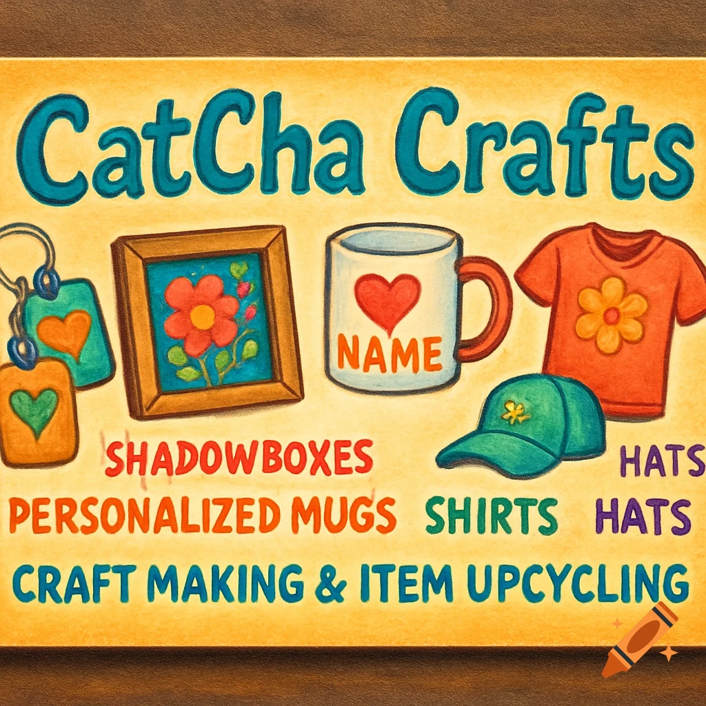 An illustrated business card for CatCha Crafts showing keychains, a framed picture, a mug, a t-shirt, and a hat, with text listing services like shadowboxes, personalized mugs, shirts, hats, and craft making & item upcycling.