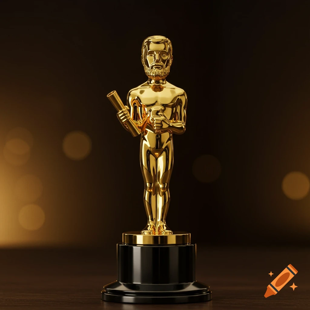 A golden award statue with a beard on a black base.