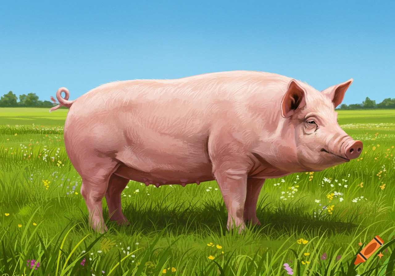 A pink pig stands in a grassy field with wildflowers under a blue sky.
