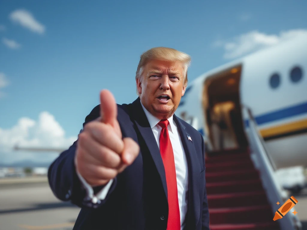 Donald Trump in a suit and red tie gives a thumbs up next to a plane.