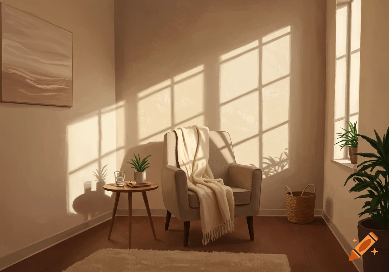 Cozy room interior with armchair, plants, art, and window light.