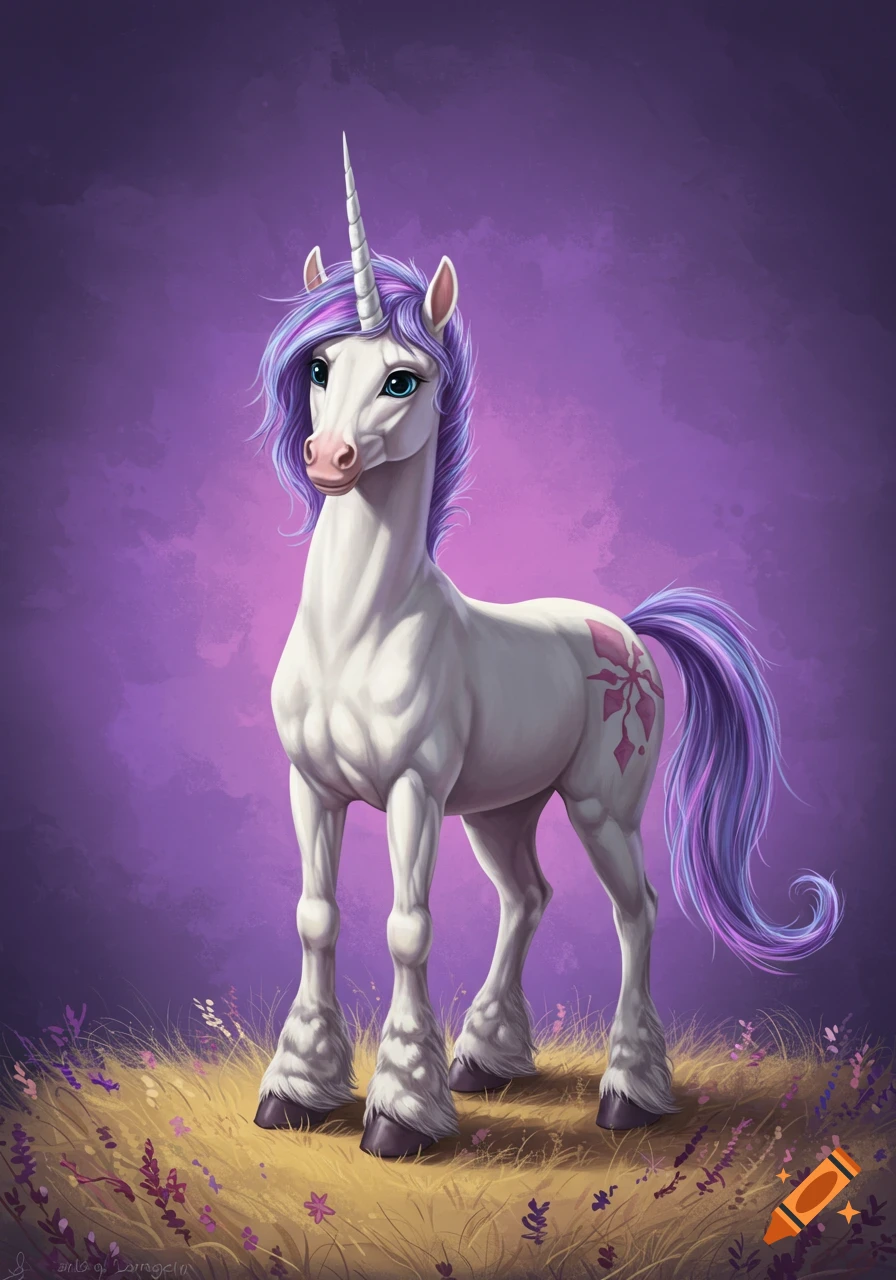 White unicorn with purple mane in a grassy field.