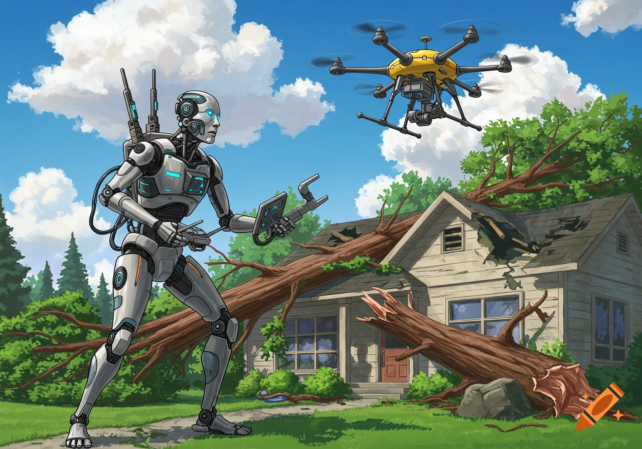 An illustration of a robot controlling a drone near a house damaged by a fallen tree.