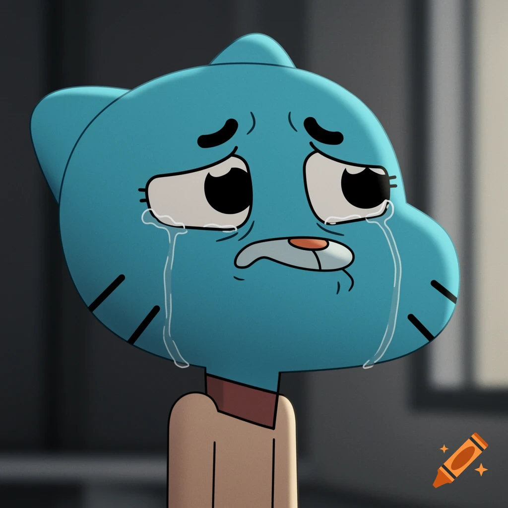 A cartoon cat character with blue fur crying.