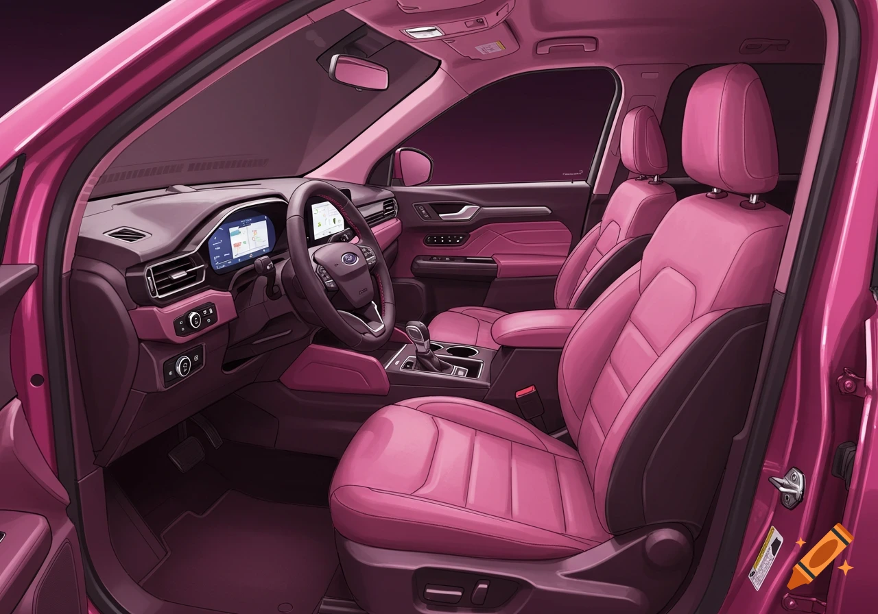Illustrated interior of a car with pink seats and dashboard trim.