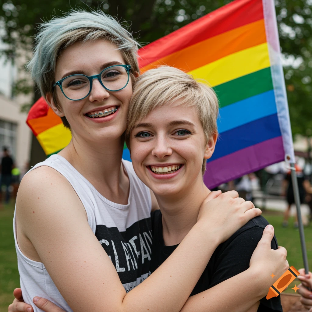 Two young people hug with a pride flag in the background in a photorealistic image.