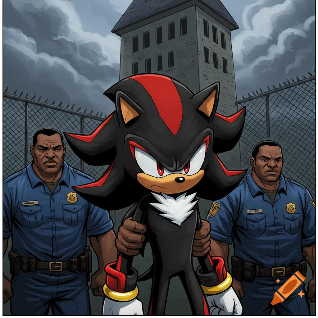 Illustration of Shadow the Hedgehog held by police officers in front of a prison.
