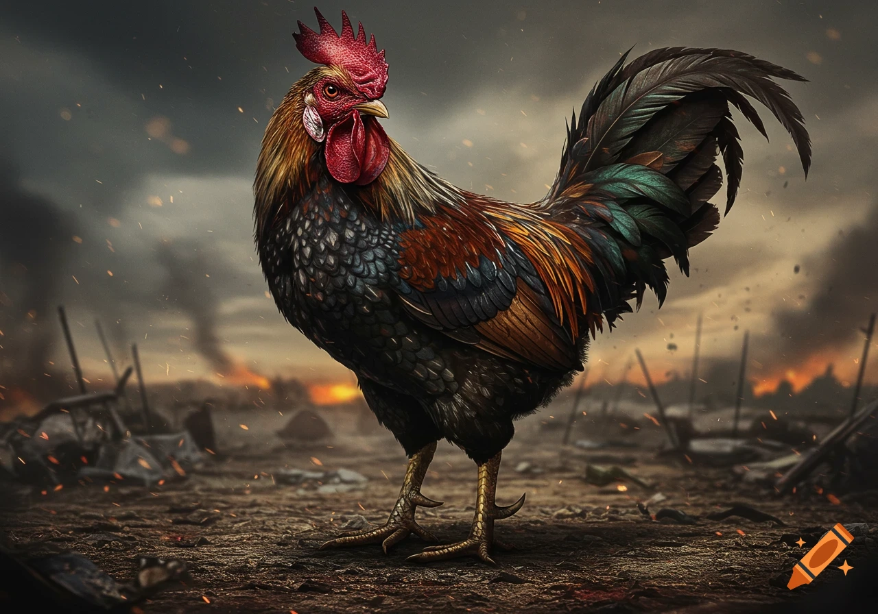 Realistic illustration of a powerful rooster standing in a desolate, war-torn landscape.