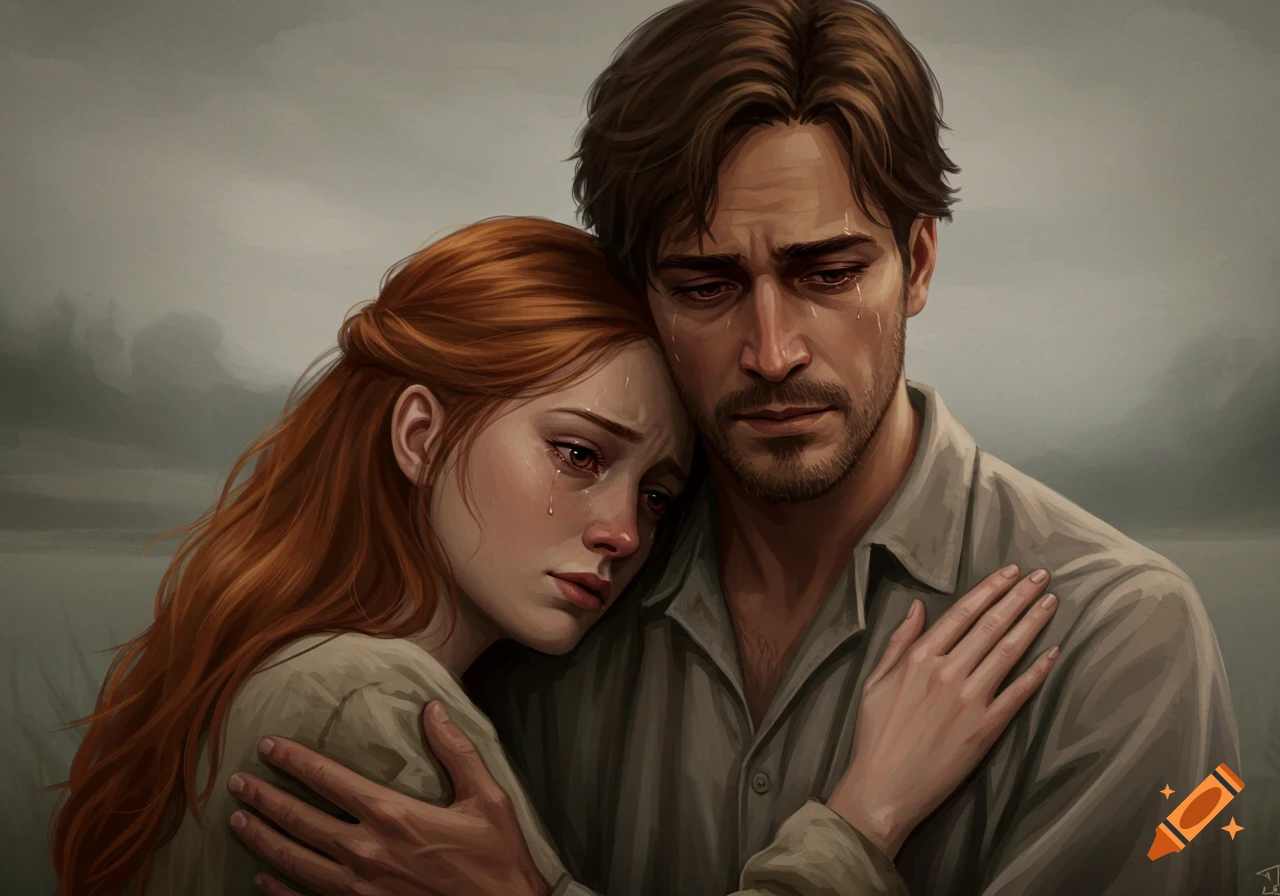 Painting of a sad couple embracing, both crying.