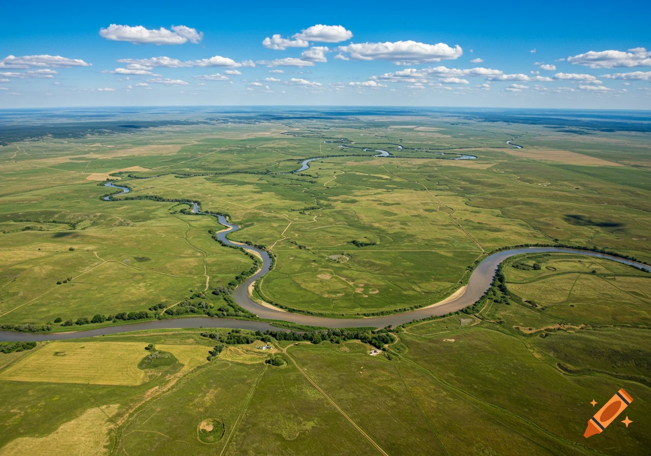 Aerial view of a winding river flowing through a vast green plain under a blue sky with clouds.