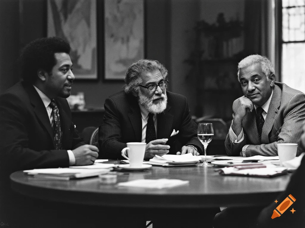Three men in suits sit around a table in a black and white photo.