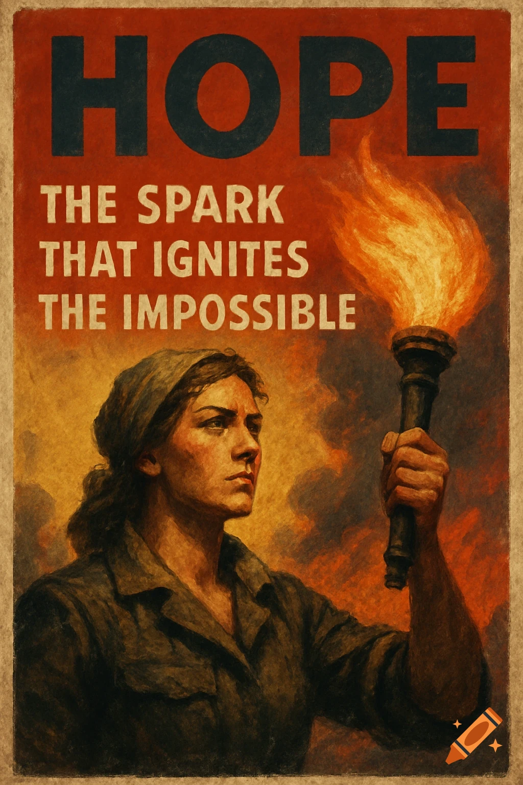 Vintage style poster with 'HOPE' text and a figure holding a burning torch