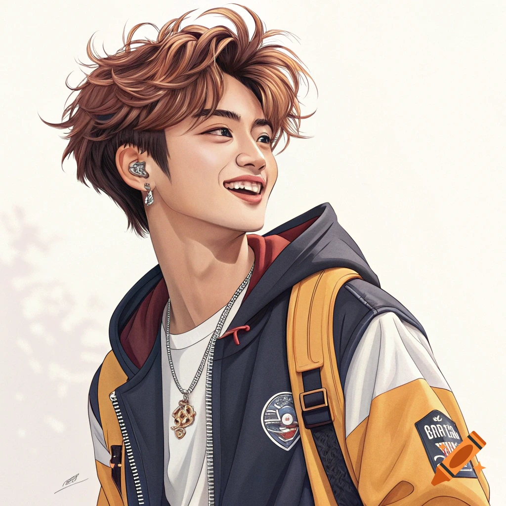 Stylized illustration of a smiling young man in a jacket and backpack