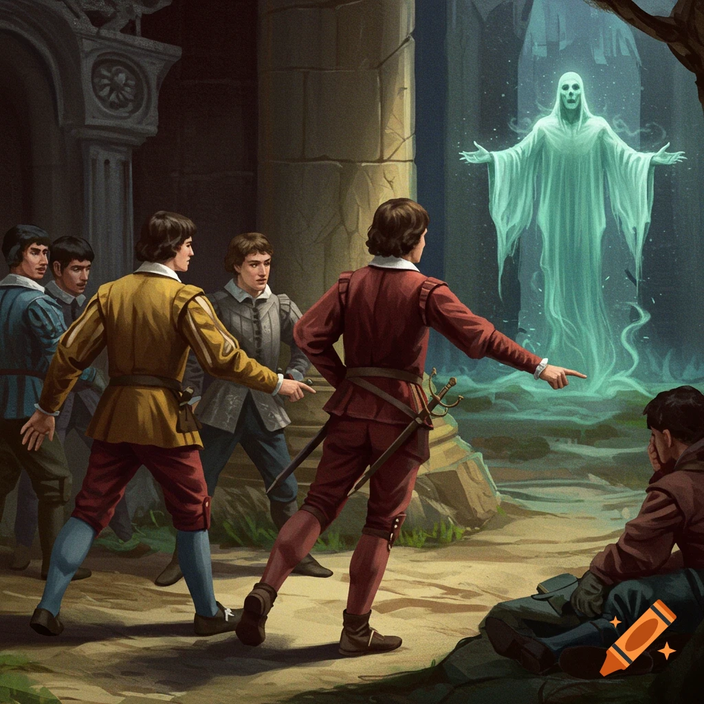 Men in historical clothing encounter a glowing ghost in a stone structure.
