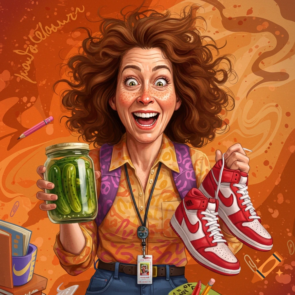 Stylized portrait of an excited middle school teacher holding a jar of pickles and a pair of red and white sneakers.