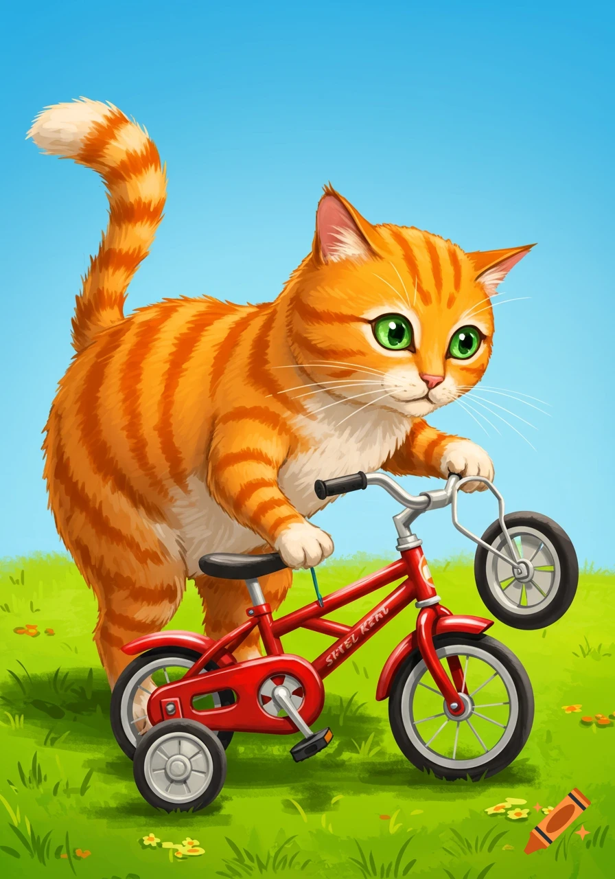 Cartoon illustration of an orange tabby cat next to a red bicycle.