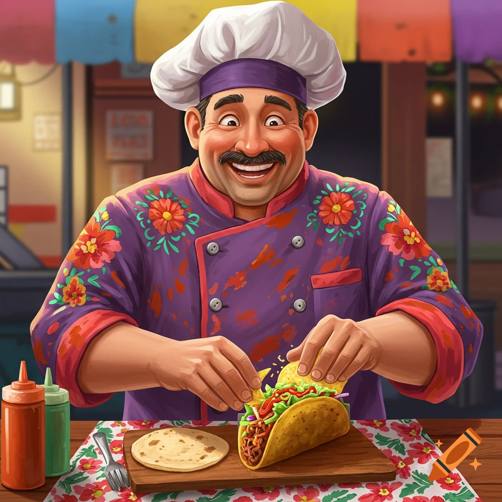 Illustration of a smiling chef preparing a taco, wearing a purple embroidered jacket and white hat.
