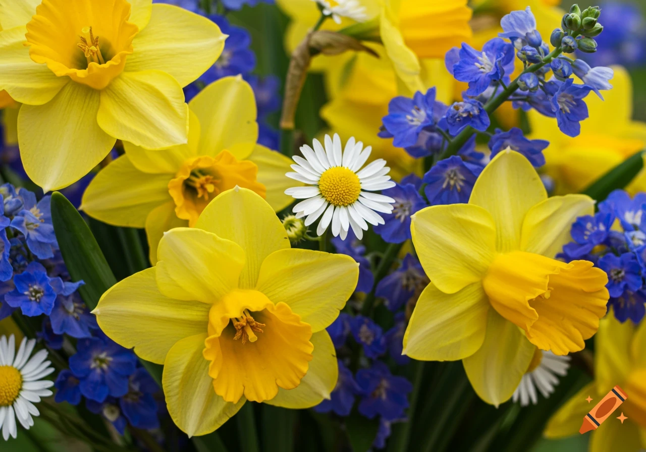 Close-up of a bouquet of yellow daffodils, blue larkspur, and white daisies.