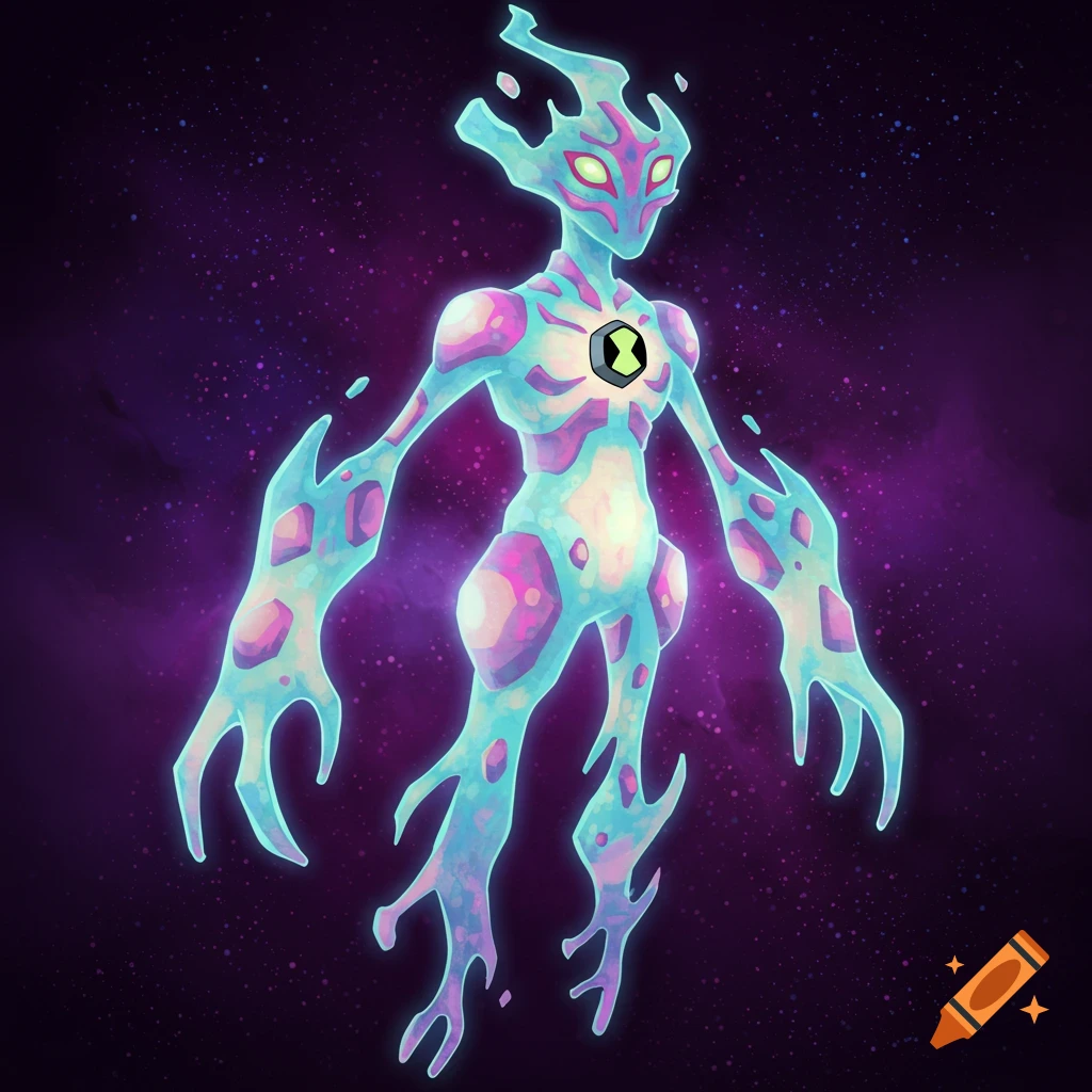 A stylized, glowing alien creature with light blue and pink markings floats against a starry purple background. It has a black and green oval symbol on its chest.