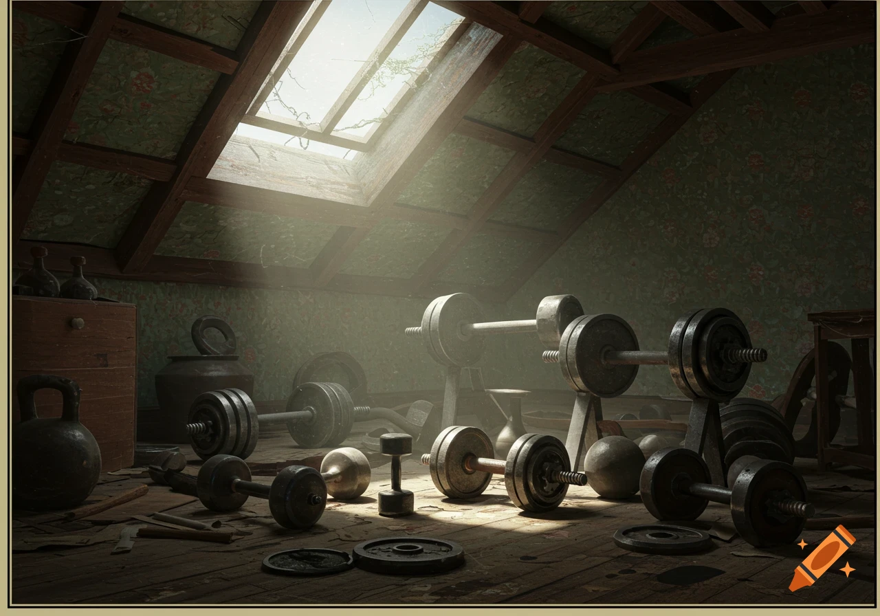 Weights and dumbbells scattered on a dusty wooden floor in an attic with sunbeams shining through a skylight.
