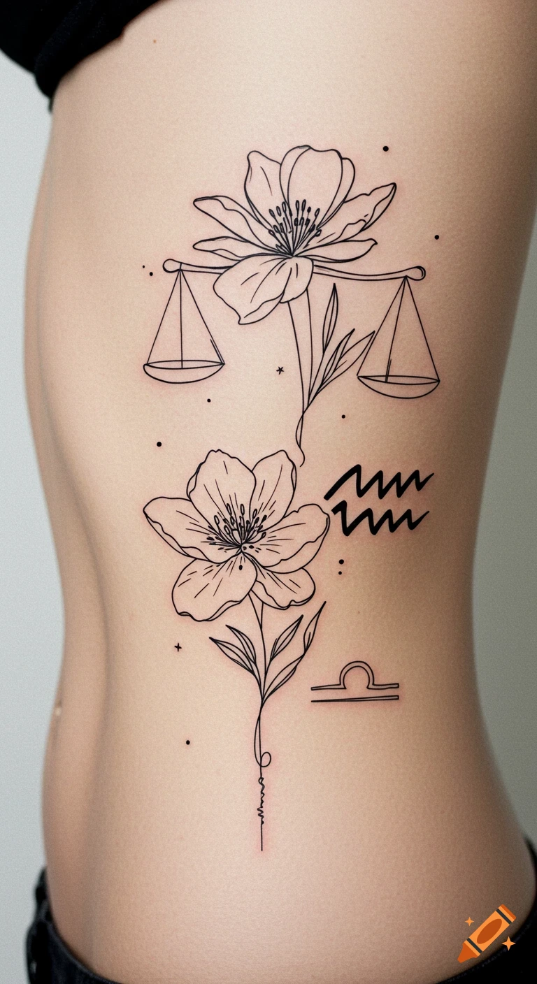 A fine line tattoo featuring Libra scales, flowers, and the Aquarius symbol on a person's side.