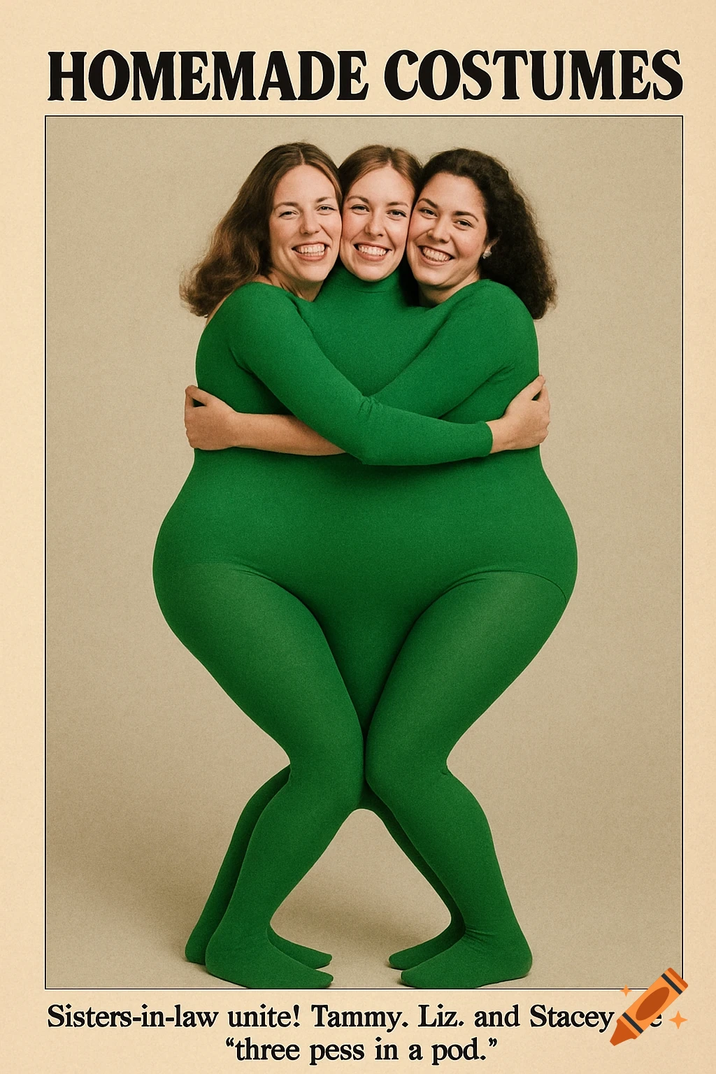Vintage photo of three women in one green costume for a 'three peas in a pod' illusion with text titles.