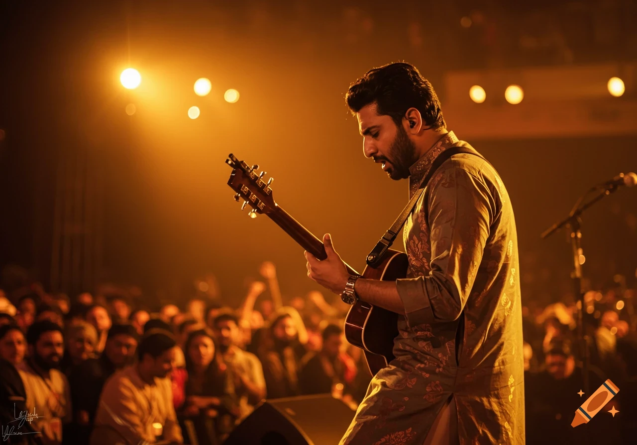 A musician in traditional clothing plays guitar under warm stage lights during a concert.
