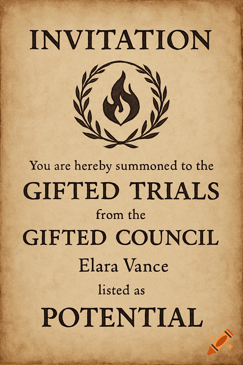 An invitation on old paper summoning someone to the Gifted Trials from the Gifted Council, listed as Potential.
