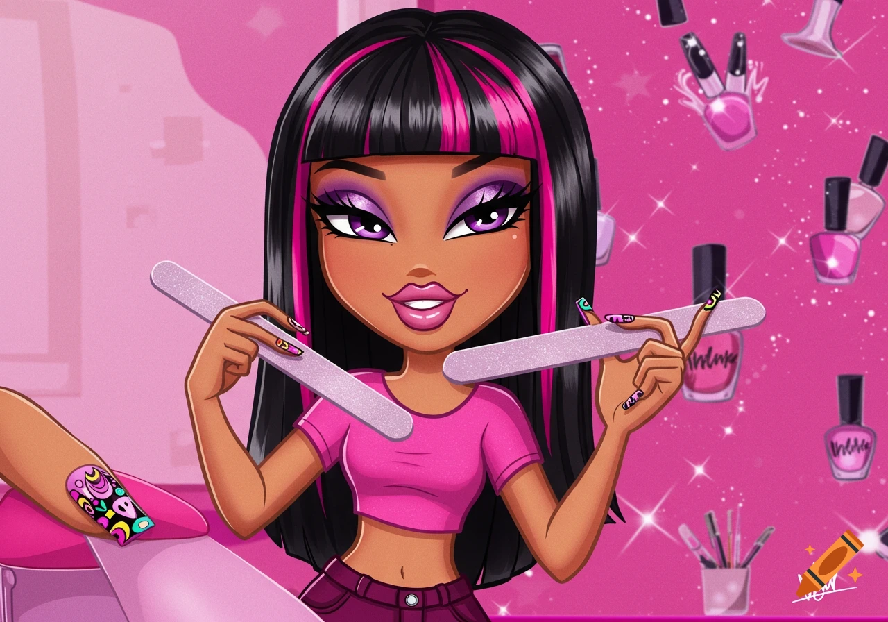 Cartoon character like a Bratz doll getting a manicure, holding files, against a pink background