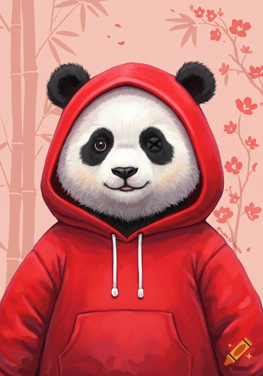 Cute panda wearing a red hoodie against a pink background with bamboo stalks and cherry blossoms. Digital illustration.