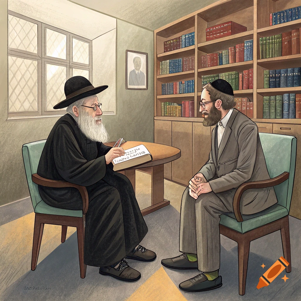 Two men in religious attire discussing while one holds a book, in a room with a bookshelf and window, in a drawing style.