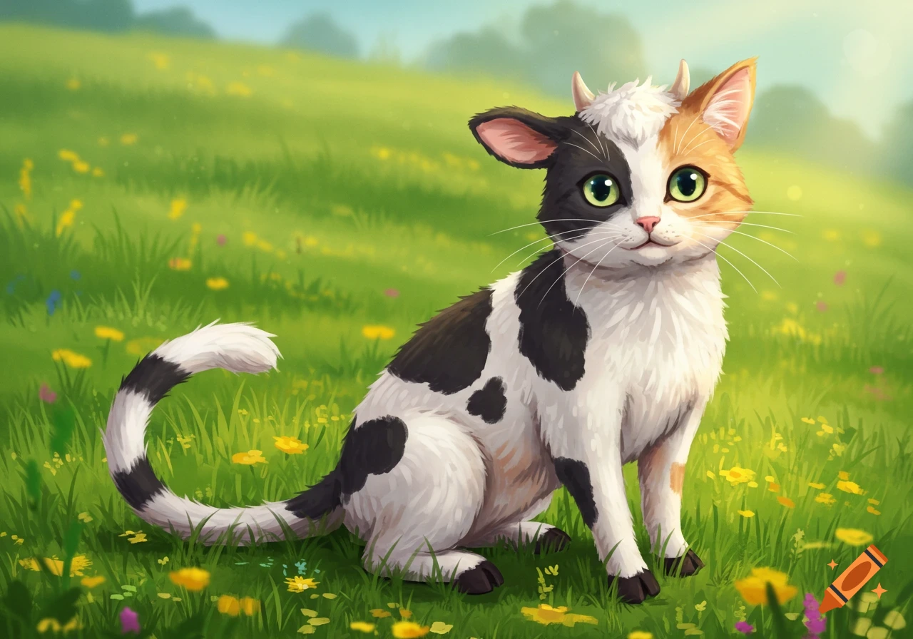 A fantasy cat-cow hybrid sits in a green meadow with wildflowers.
