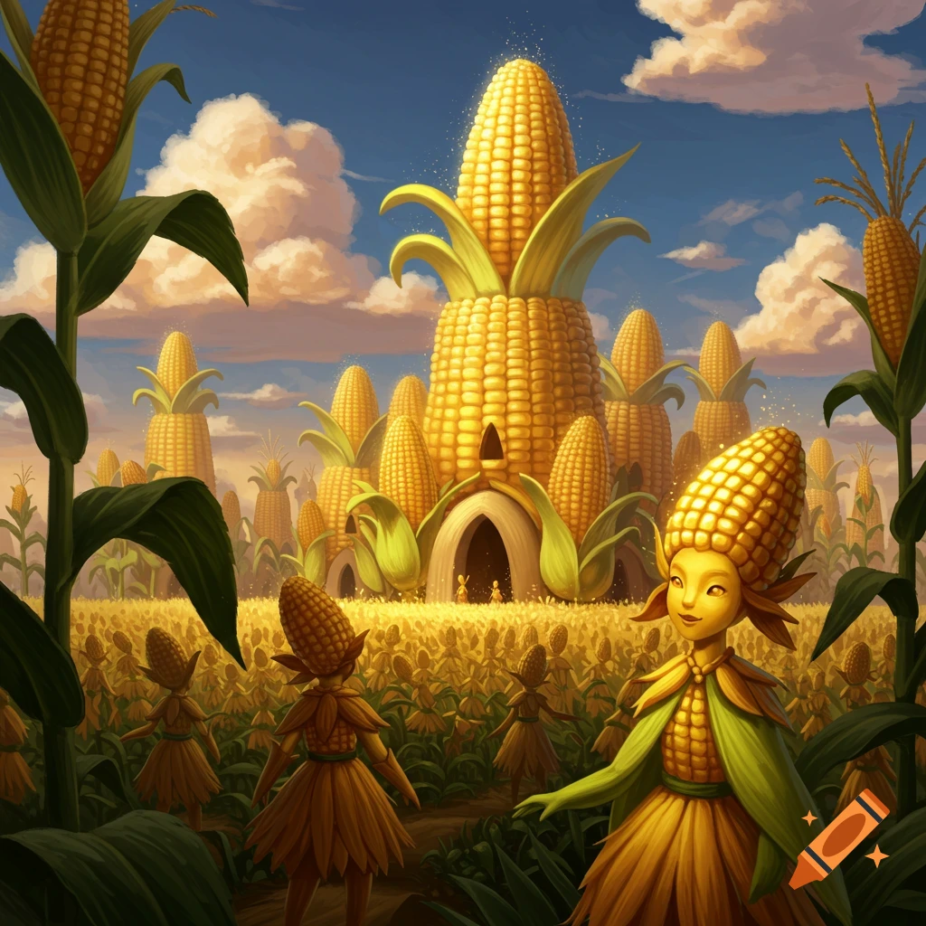 A fantasy landscape with a kingdom made of giant corn cobs in a field ...