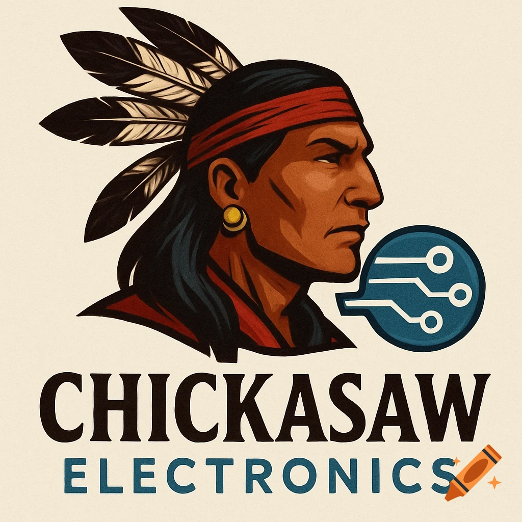 Logo of a Native American profile with text Chickasaw Electronics and a circuit board symbol.