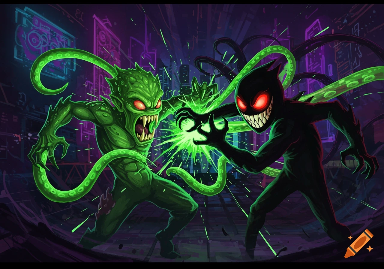 Two cartoon monsters, one green and one dark, fight with glowing energy in a neon-lit city.