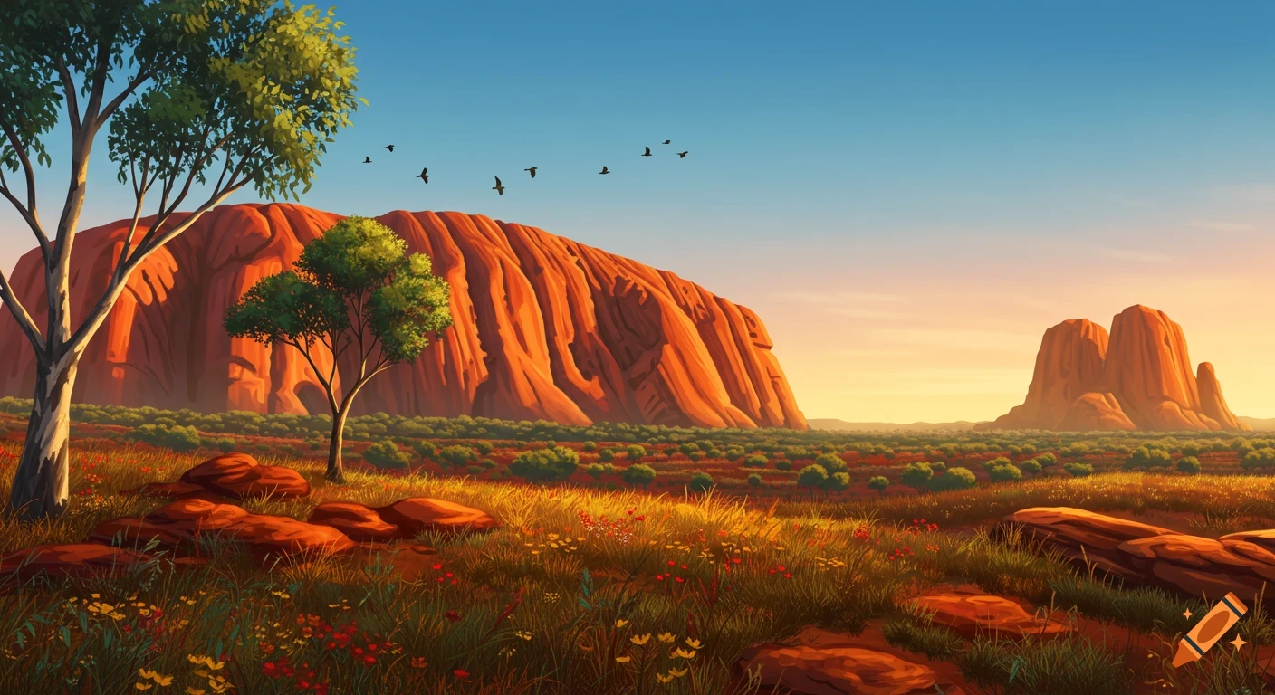 Stylized landscape of red rock formations in Australia at sunset with trees and flowers.