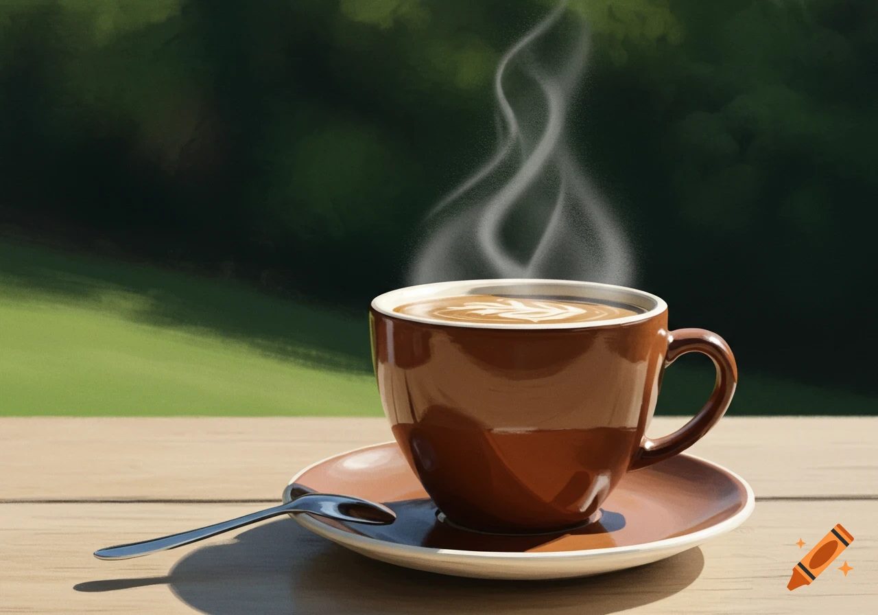 Coffee cup with latte art, steam, spoon, and saucer on a wooden table