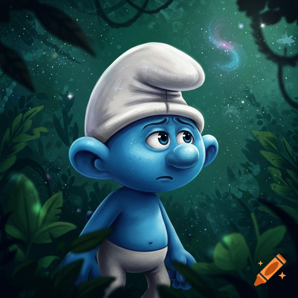 Sad Smurf in a dark, magical forest at night