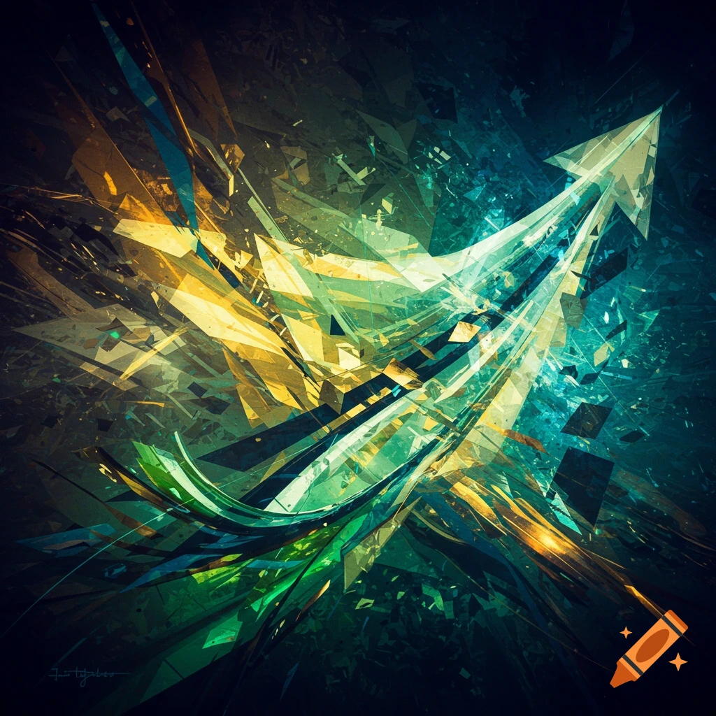 Abstract geometric design with an upward arrow in yellow, green, and blue.