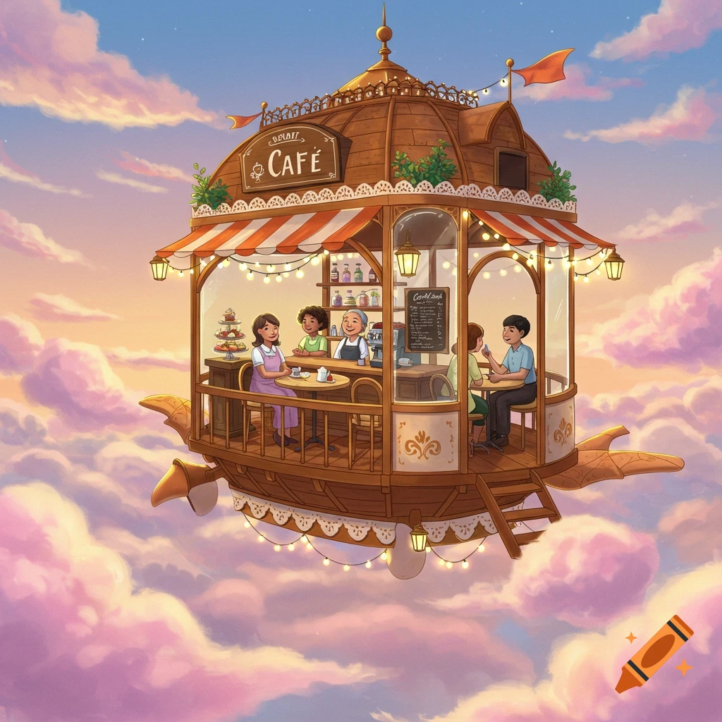 Illustration of a flying cafe with people sitting at tables among pink clouds