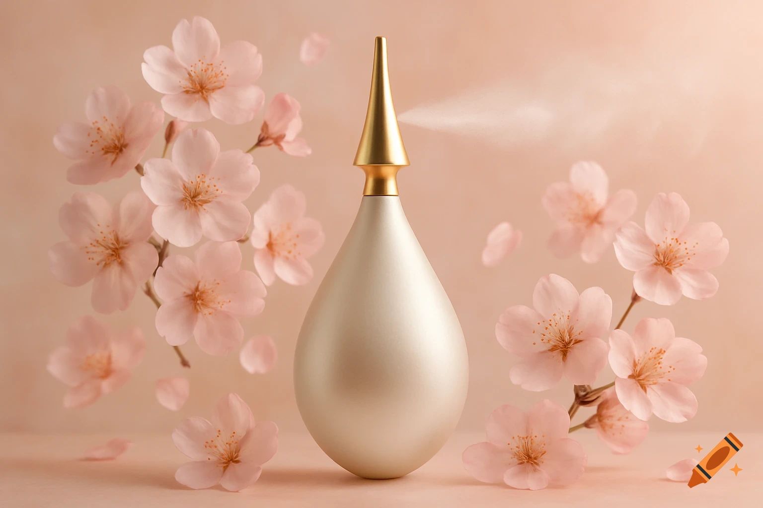 Ethereal perfume bottle shaped like a teardrop surrounded by floating pink cherry blossoms.