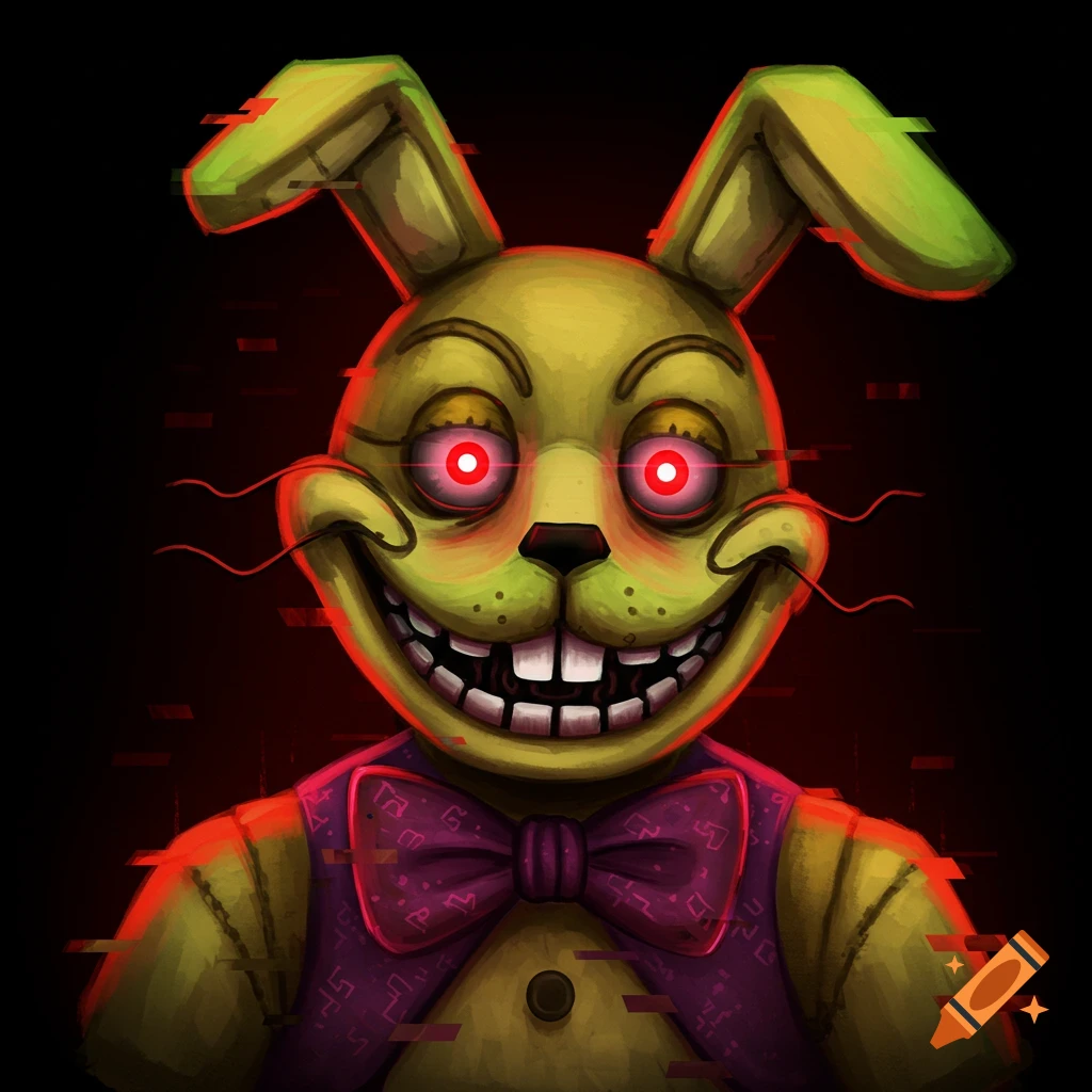 Creepy portrait of Glitchtrap, a yellow rabbit character from Five Nights at Freddy's, with red eyes and glitch artifacts.